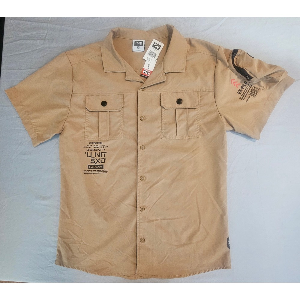 GTL4 Men's Medium Tan Cargo Style Short Sleeve Button Up Shirt NWT L609